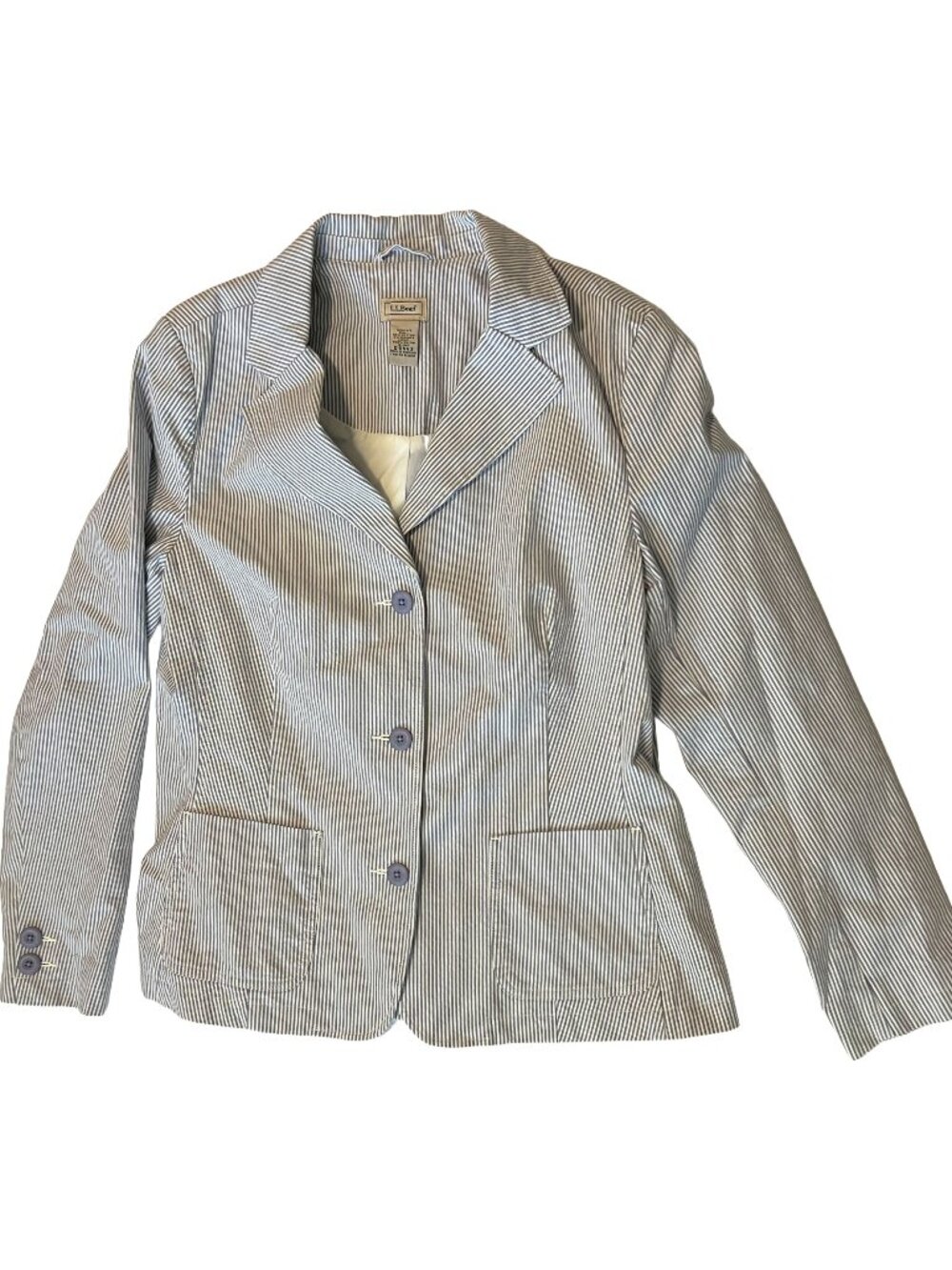 L.L. Bean Blazer Jacket Sz 16 Blue White Striped Seersucker Lined Cotton Stretch